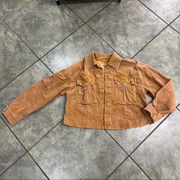Free People Evelyn Corduroy Crop Boxy Jacket Cognac Sz S Boho Biker Grunge EUC - Picture 9 of 12